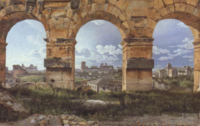 Christoffer Wilhelm Eckersberg View through Three Northwest Arcades of the Colosseum in Rome Storm Gathering over the City (mk22) Norge oil painting art